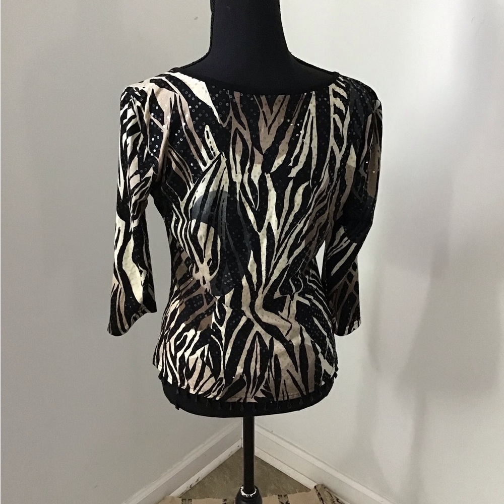 dressbarn Black and Cream Zebra-Print Glitter Top